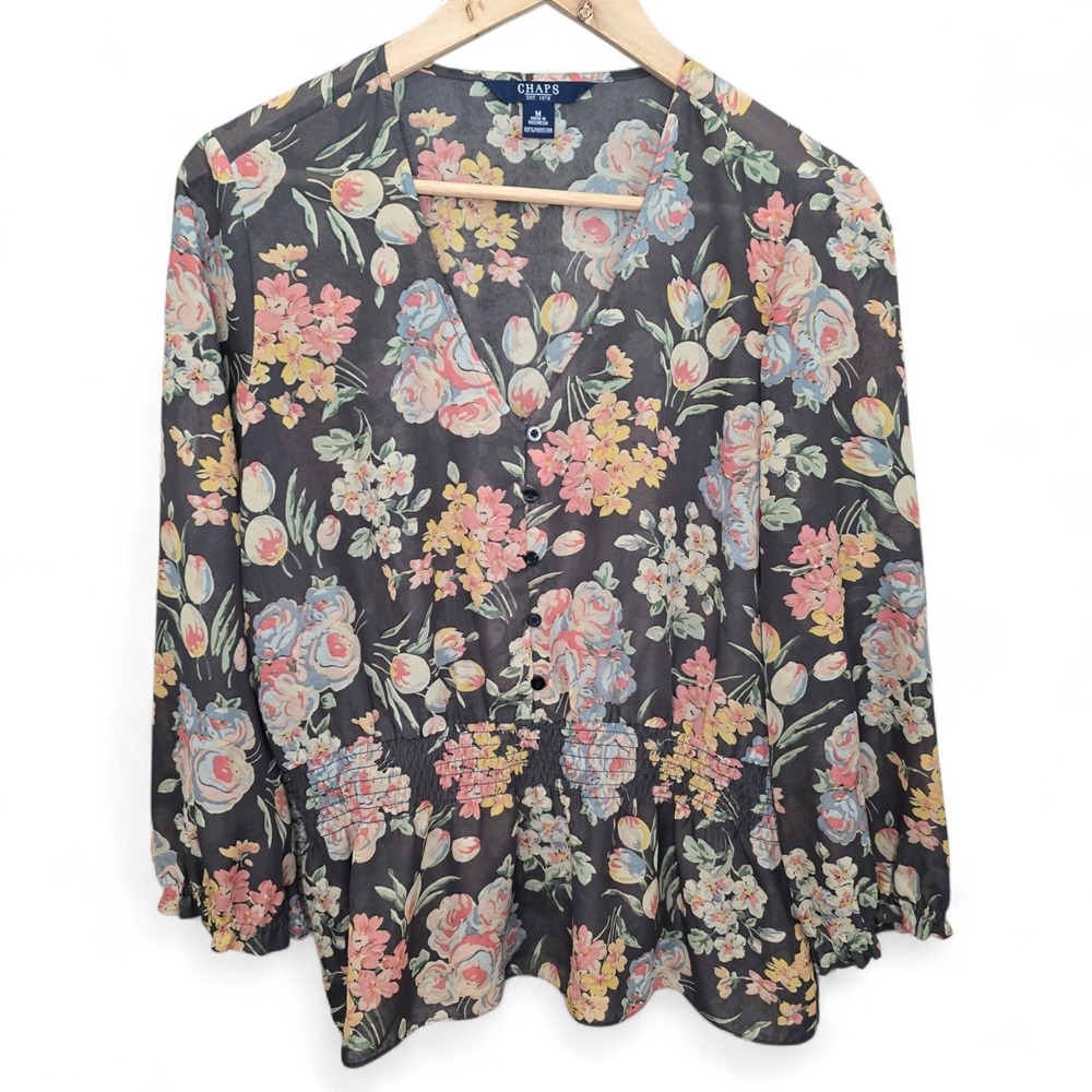 Chaps Top Womens Medium Gray Floral Print Sheer V Neck Blouse‎ Smocked Waist